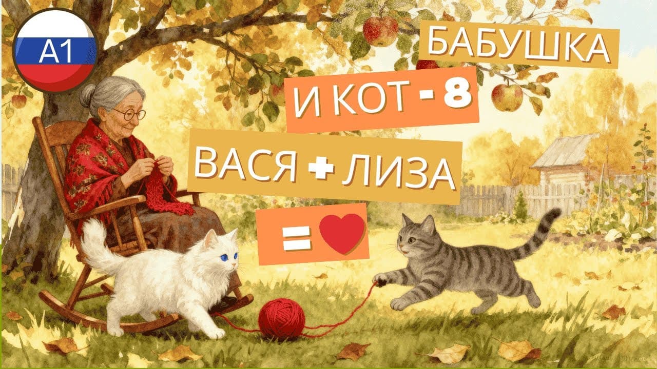 Learn Russian with a Fun Story for A1 with a song — Babushka & Cat Vasya = ❤️ Fluffy Guest🐱 (Part 8)
