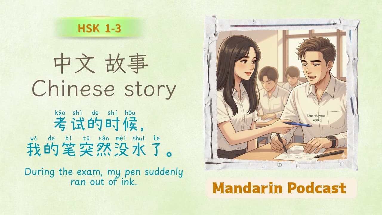 Chinese Story for HSK 1–3 | 考试的时候，我的笔突然没水了。| During the exam, my pen suddenly ran out of ink.