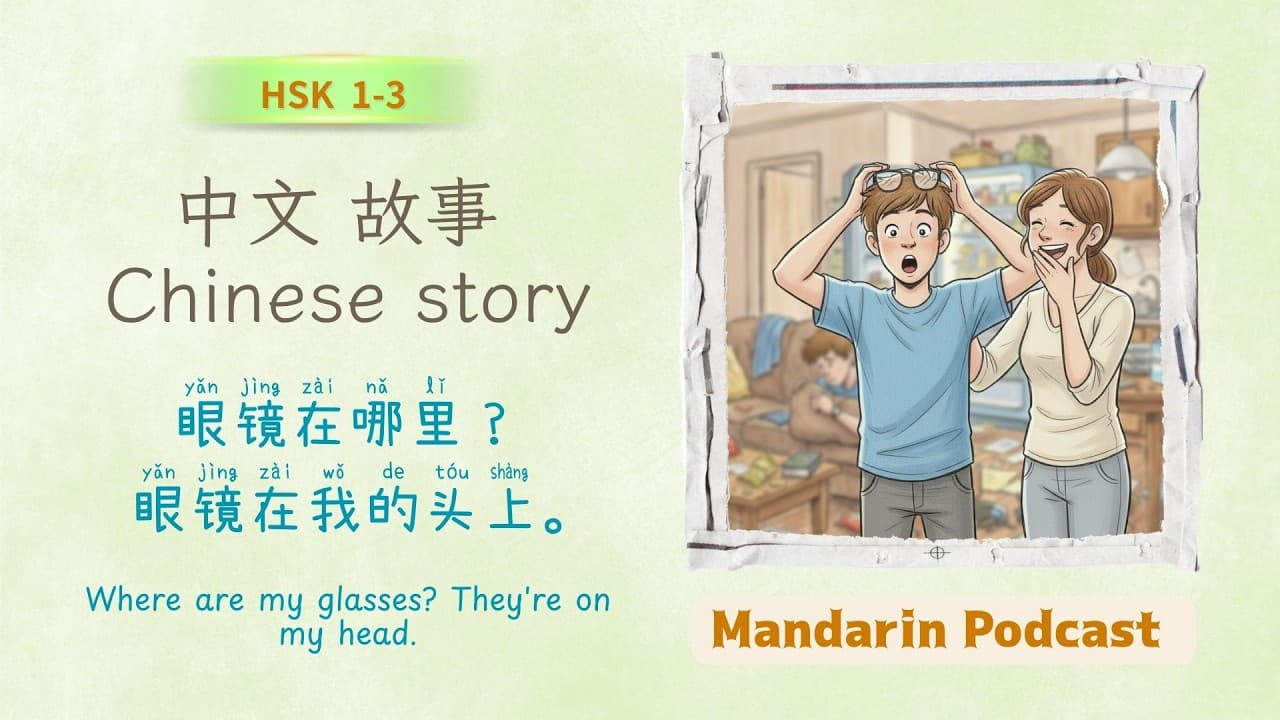 Chinese Story for HSK 1–3 | 眼镜在哪里？眼镜在我的头上。|  Where are my glasses? They're on my head.