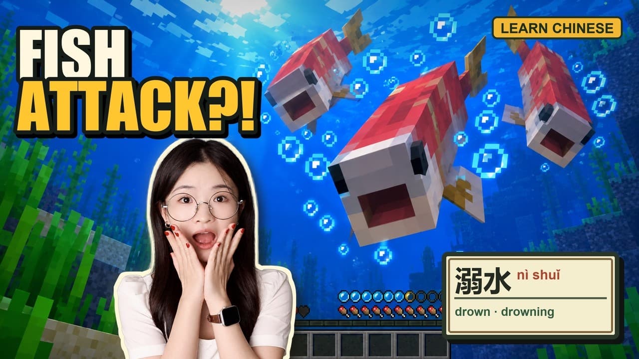 I Learn Chinese Through Minecraft Part 2 | I Thought the Fish Were Attacking Me… |